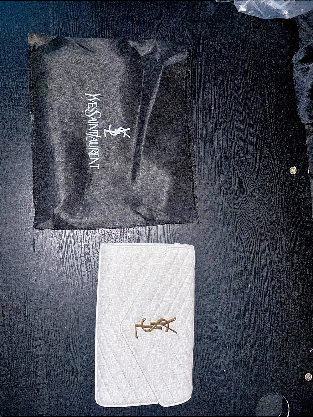 Saint Laurent Monogram Chain Wallet in Grain de Poudre Embossed Leather White